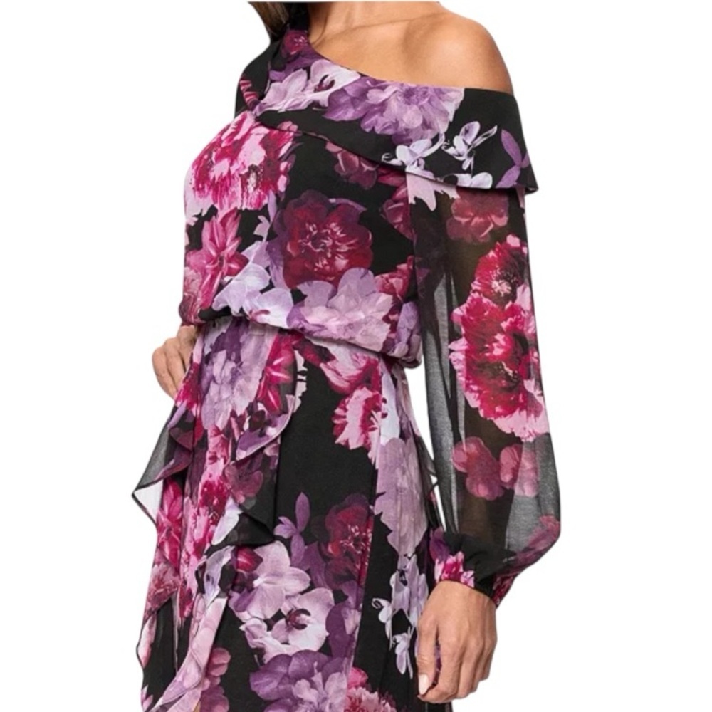 NWT XSCAPE Black Floral Sheer Long Sleeve Ruffle Detail Slit Dress Gown Size 6 - Picture 4 of 7